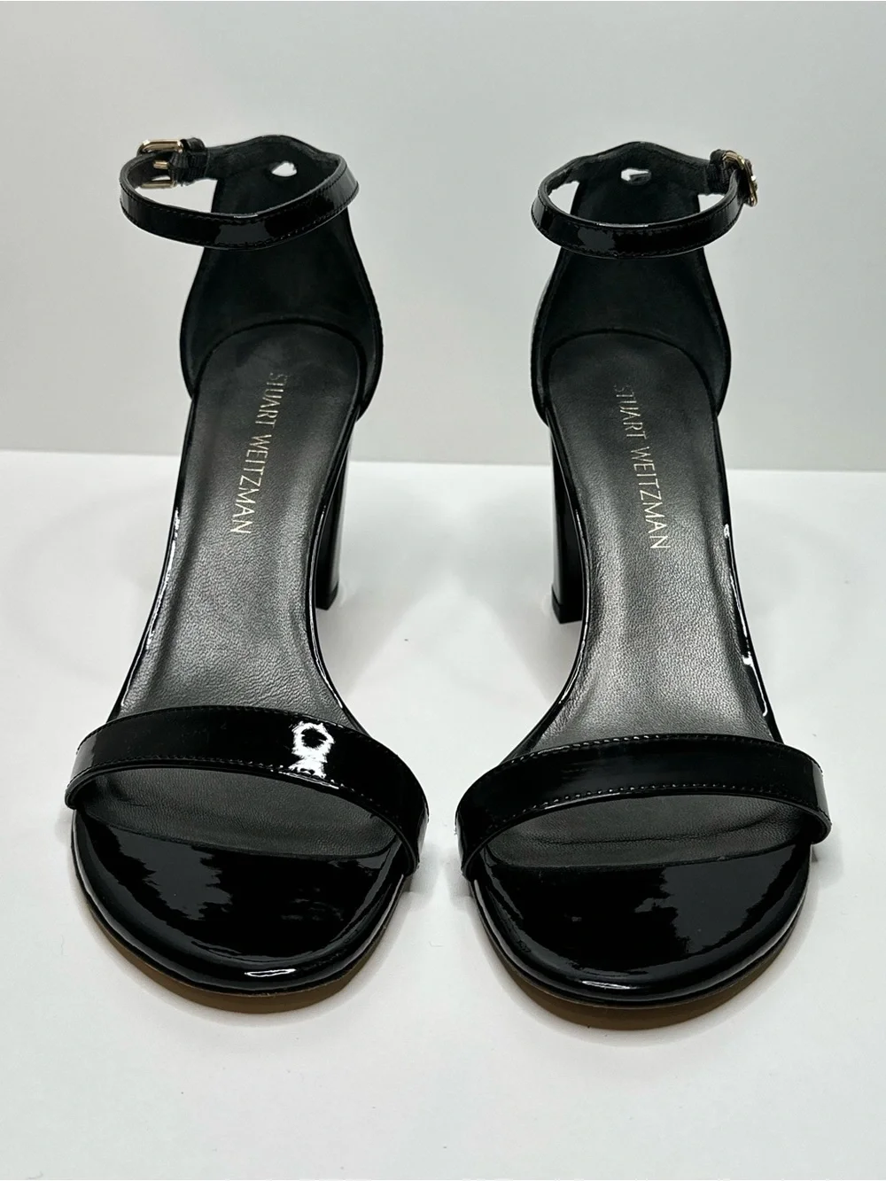 Stuart Weitzman Black Patent Leather Nudist Curve Ankle-Strap Heels Shoes Sandal